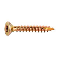 T-17 vrut pro tvrdé dřevo, zápustná hlava se 4 drážkami, torx 20, špička se zářezem, celý závit, ocel, zinek žlutý fe/zn5/c + kl